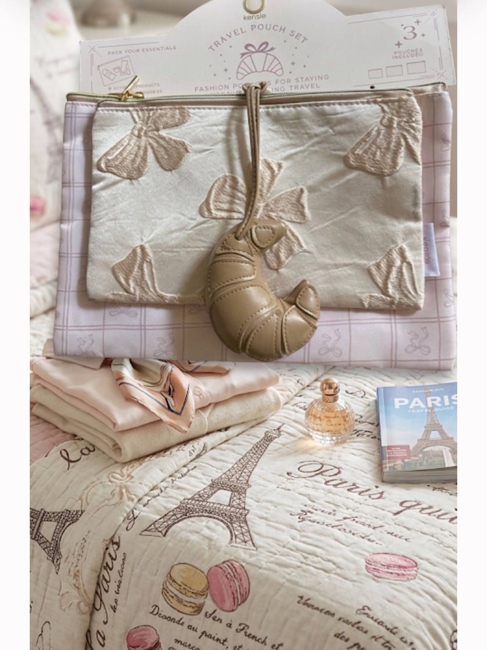 Kensie Pink and Beige Travel Pouch Set with Croissant Charm nwt